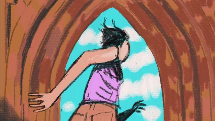A woman runs through the front door of a church.