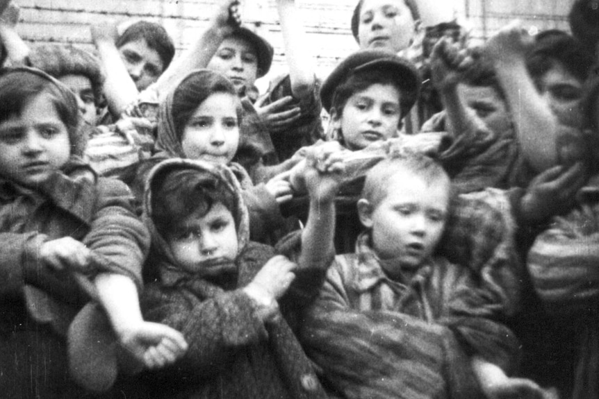 Children at the Auschwitz concentration camp show their tattooed arms.