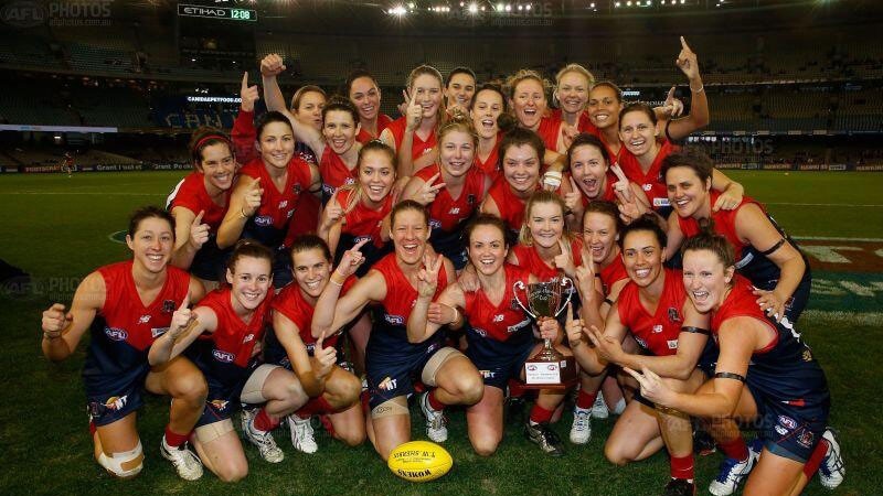 The Melbourne women's side celebrate their victory over the Western Bulldogs in 2014.