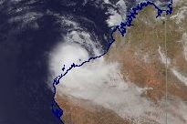 A satellite image of Cyclone Veronica edging towards Pilbara coast.