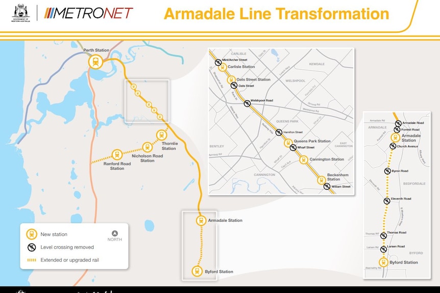 A map of the upgrades to the Armadale rail line.