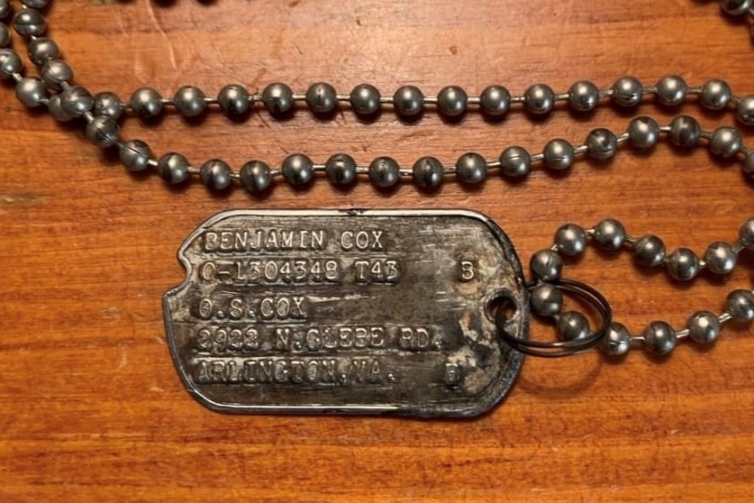 The dog tag of US Army Second Lieutenant Benjamin Cox.