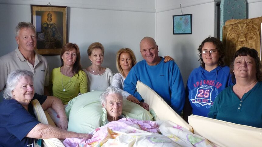 Great Aunt Lalla, in her hospital, surrounded by the love and laughter of her family.