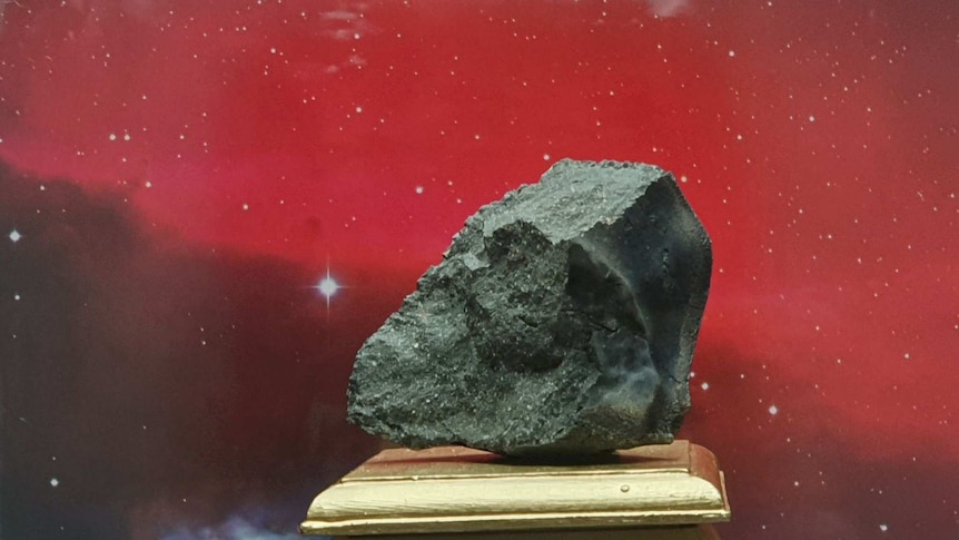 The meteorite is dark brown and unevenly shaped, with a porous surface, pictured resting on a gold platform.
