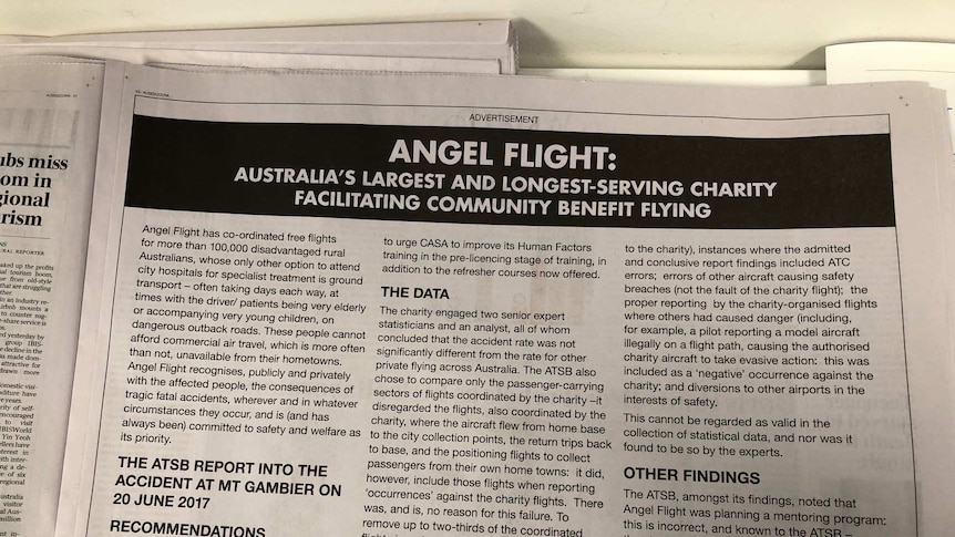 Ad taken out by Angel Flight in The Australian on 16 August 2019 responding to negative CASA report.