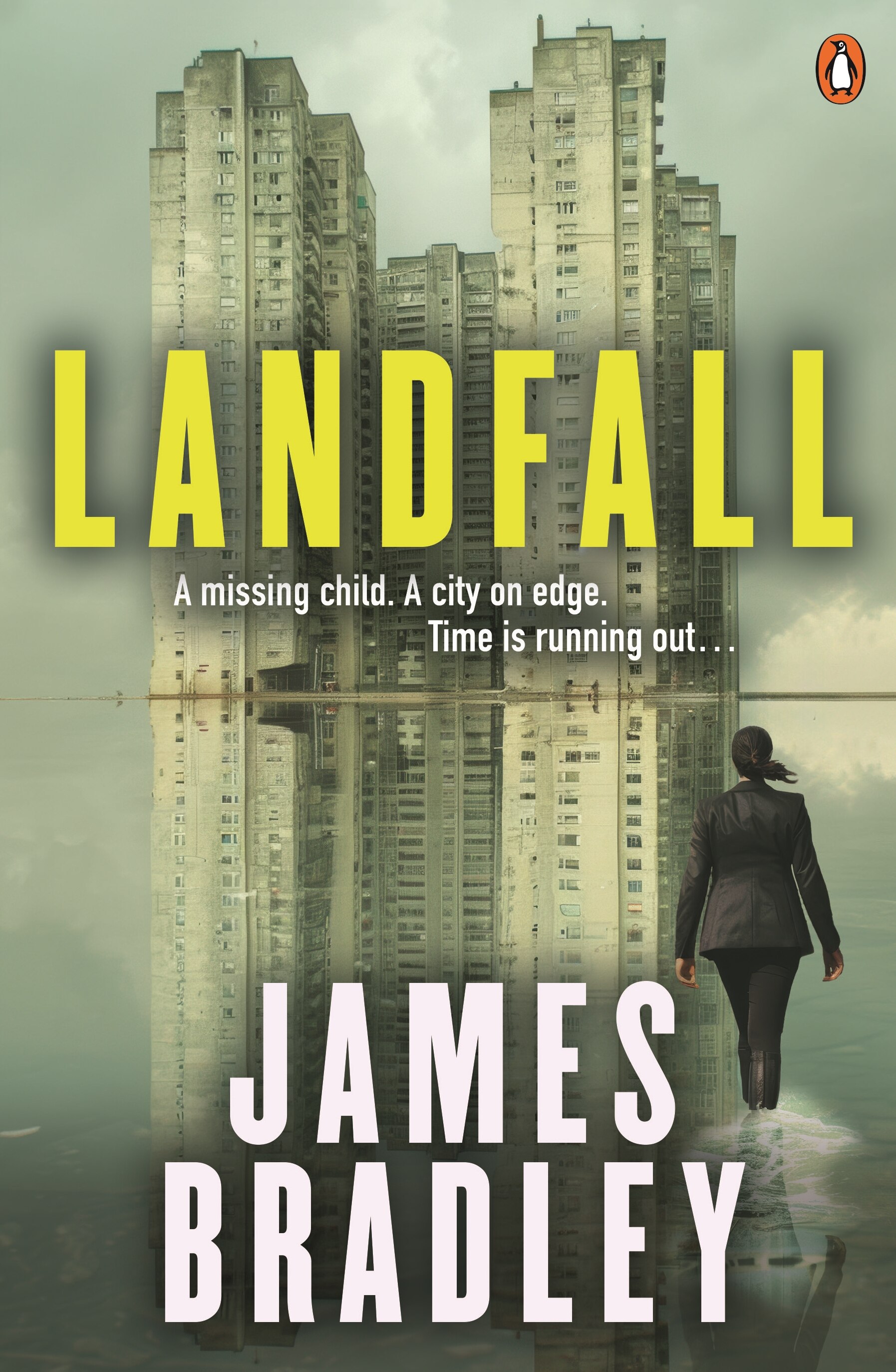 A book cover showing dilapidated apartment buildings reflected in water; a person viewed from behind walking towards them