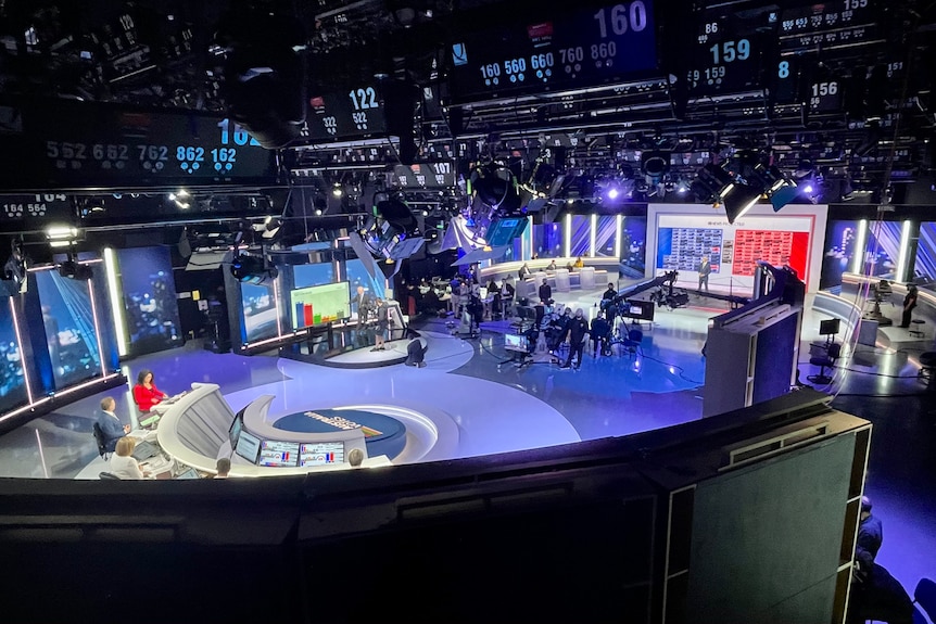Wide shot behind the scenes studio of ABC election night coverage.