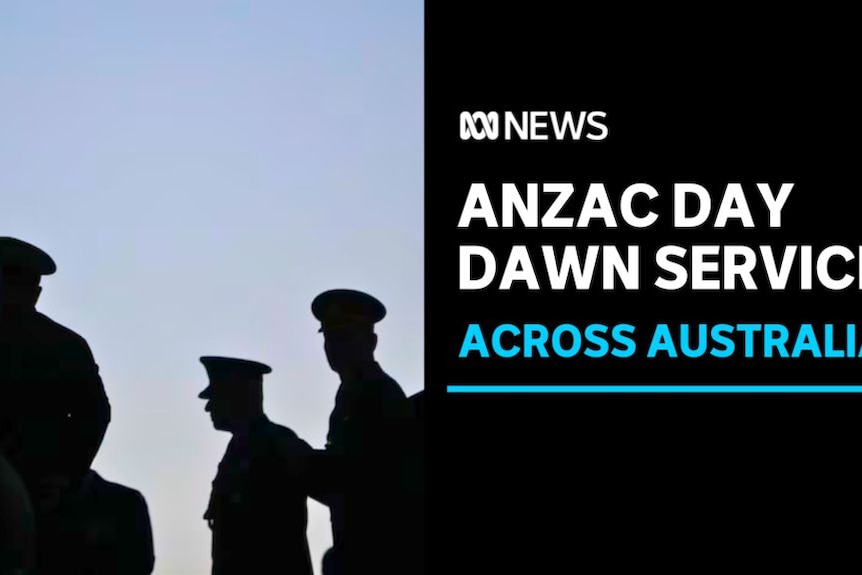 ANZAC Day Dawn Services, Across Australia: Three servicemen silhoueted against a blue sky.