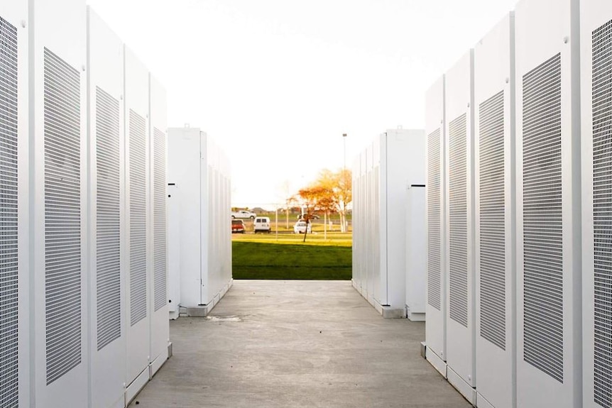 A white Tesla Powerpack storage system.