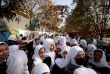 picture of female school students wearing while veil and black uniform