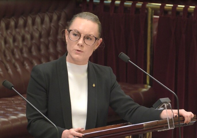 A young woman with formal attire and glasses speaks at a lectern in parliament.