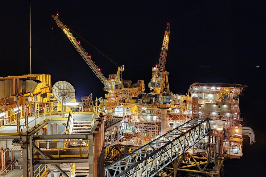 Woodside's offshore platform at its North Rankin complex at night.