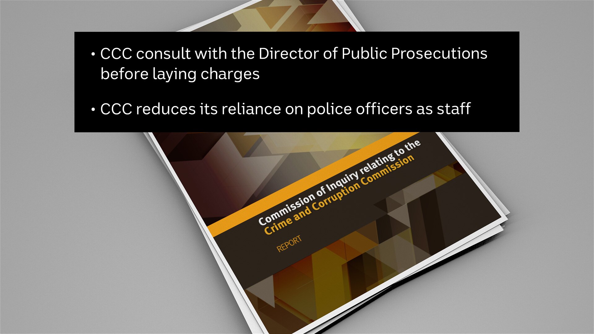 Graphic of a report on the Queensland corruption watchdog with two of the key recommendations