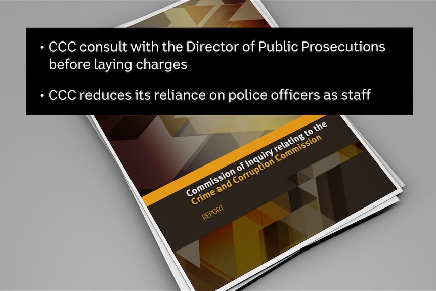 Graphic of a report on the Queensland corruption watchdog with two of the key recommendations