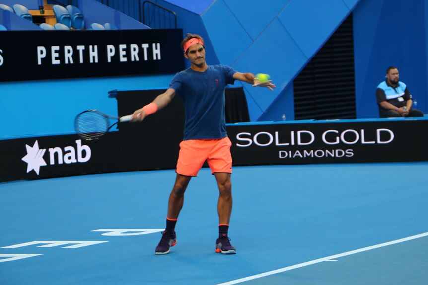Roger Federer plays tennis at Perth Arena