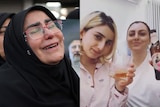 A composite image of women, one in a hijab crying and two with drinks in their hand.