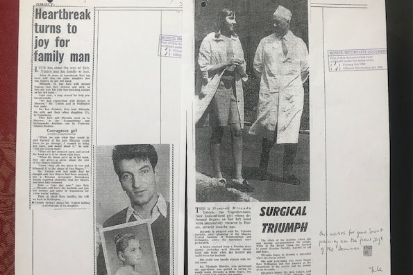 Black and white newspaper clippings with headlines, 'Heartbreak turns to joy for family man' and 'Surgical triumph'.