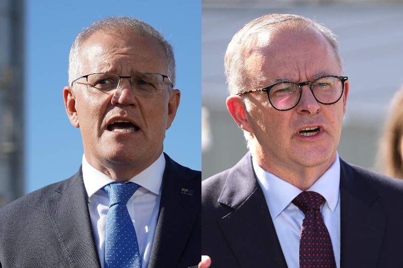 Composite image of Morrison and Albanese speaking at press conference.