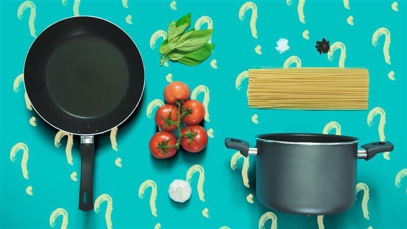 A fry pan, tomatoes, basil, pasta and a pot on a bright blue background, for a food quiz testing kitchen knowledge.