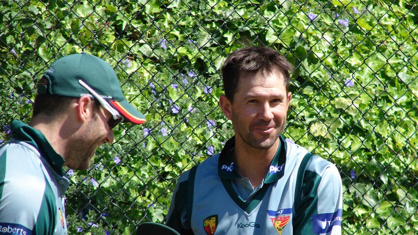 Ricky Ponting and Travis Birt in the nets at Bellerive Oval during training with the Tassie Tigers.