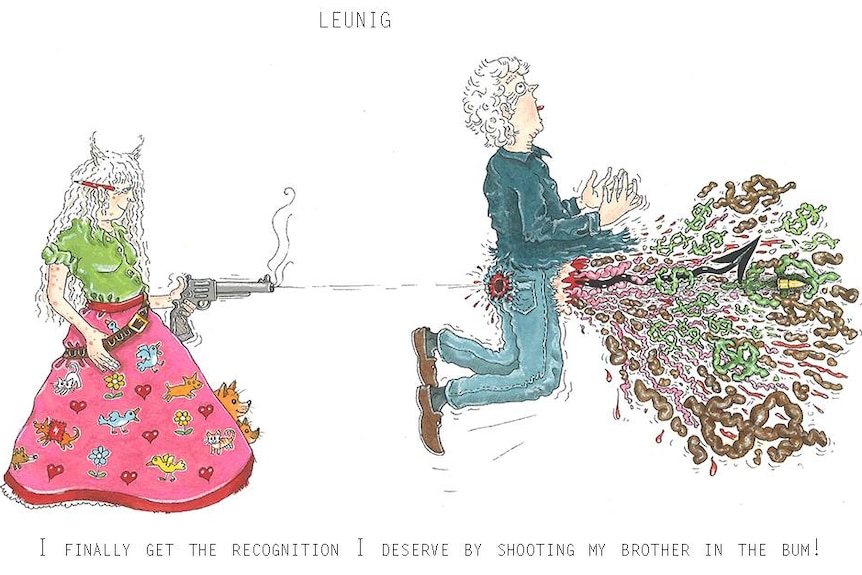 Mary Leunig shoots Michael Leunig in a cartoon