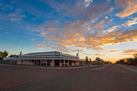 The Birdsville Hotel at sunset.