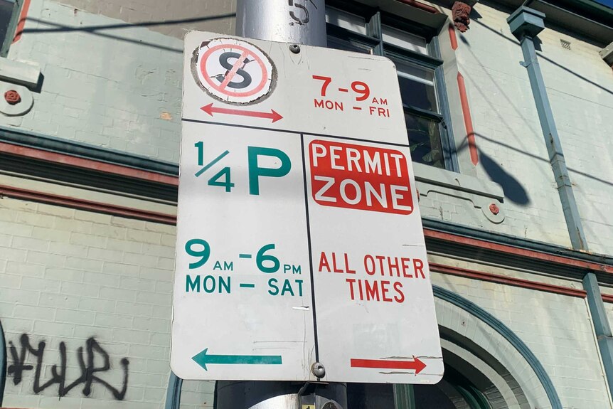 A parking sign showing 30 minute parking Monday to Saturday and permit zone all other times.