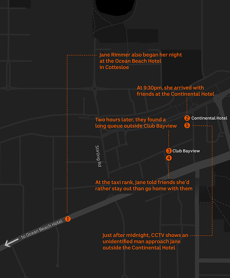 A map showing Jane Rimmer's last known movements in Claremont before her disappearance in 1996.