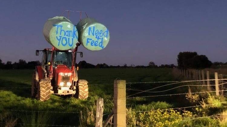 A tractor holding two hay bales with 'thanks need for feed' written on them stands in a paddock.