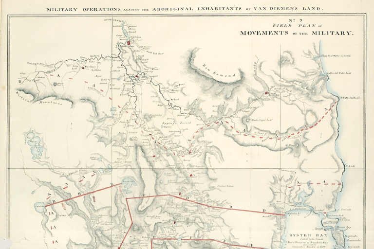 An old map of Tasmania with red lines indicating military operations.