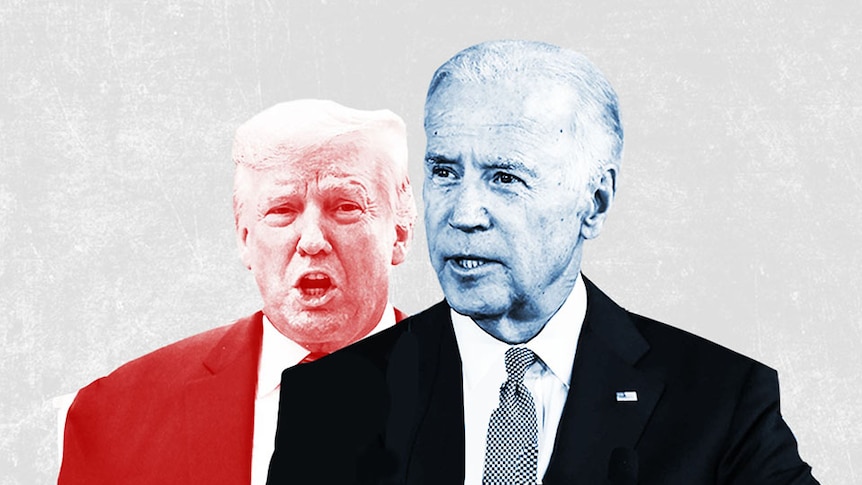 A collage graphic of Joe Biden in front of Donald Trump