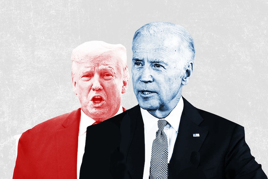 A collage graphic of Joe Biden in front of Donald Trump