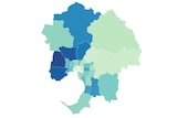 A map of metropolitan Melbourne with green and blue shading.