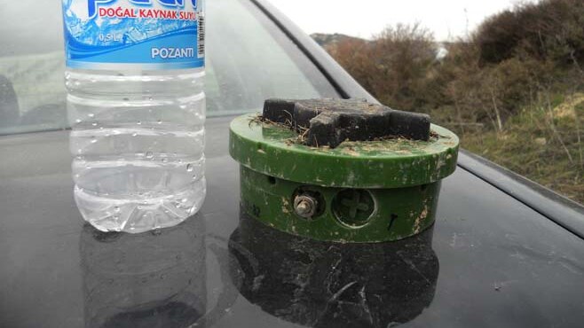 An anti-personnel mine that was reportedly removed from near the Turkish-Syrian border