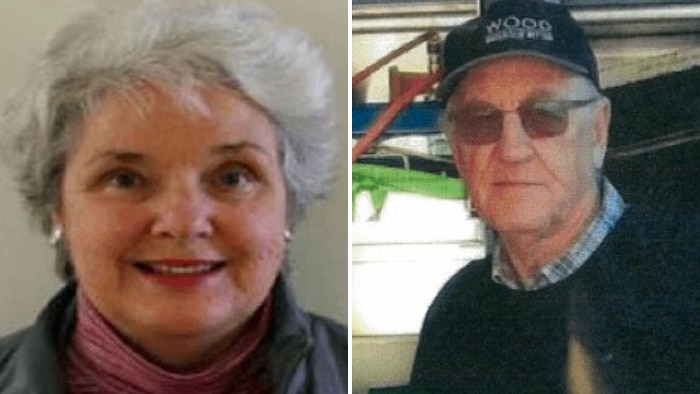 Two separate photographs side by side. One photo is an older lady, the other is an older man wearing a cap.