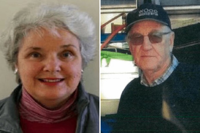 Two separate photographs side by side. One photo is an older lady, the other is an older man wearing a cap.