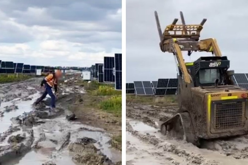 Screenshots from iPhone videos, one shows a worker walking through mud, the other shows heavy machinery.