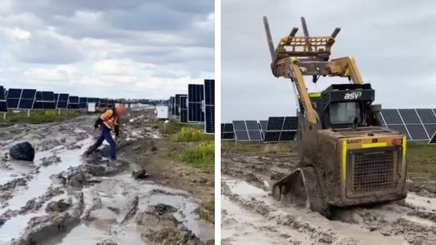 Screenshots from iPhone videos, one shows a worker walking through mud, the other shows heavy machinery.