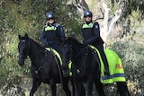 Two mounted police on horseback patrol a park