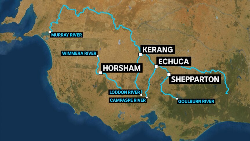 Un mapa que muestra las áreas inundadas de Victoria