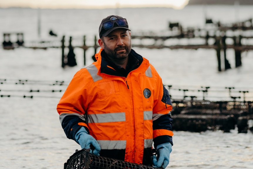 a man stands in the water in an oyster lease
