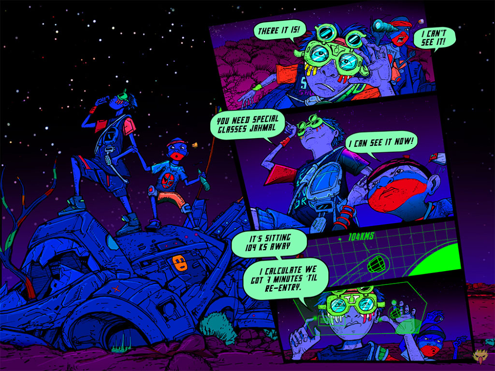 In an neon and black cyberpunk sci-fi style comic book scene, an illustrated older boy and younger boy look towards starry sky.