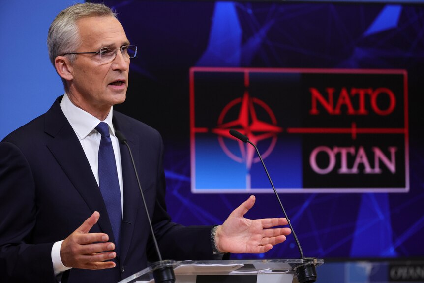 A man in a suit speaks from a lecturn near a NATO OTAN sign.