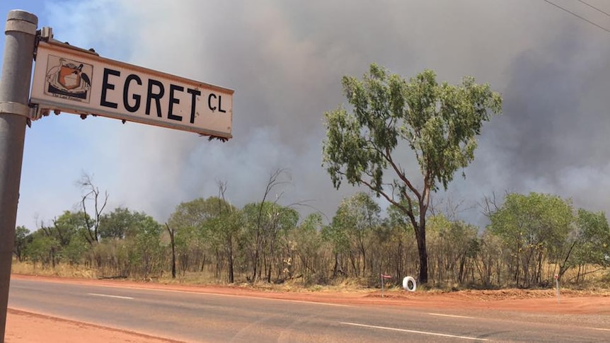 A Egret street sign with trees and smoke in the background.