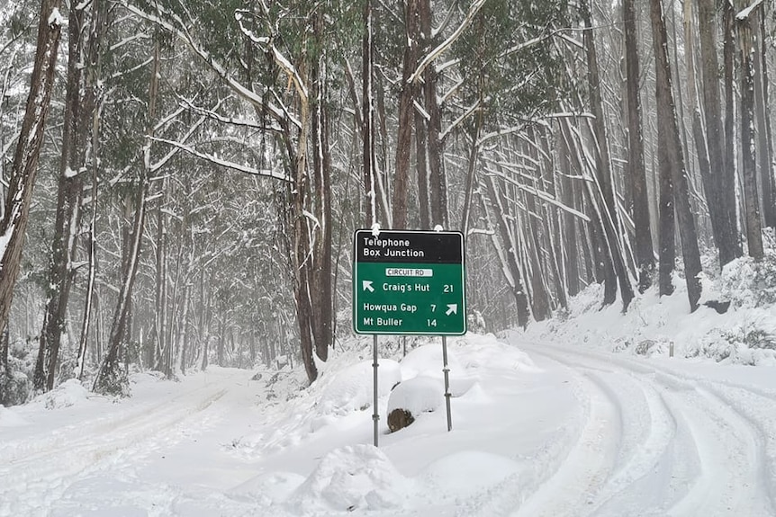 snow covered road with a sign that reads "Craig's Hut".