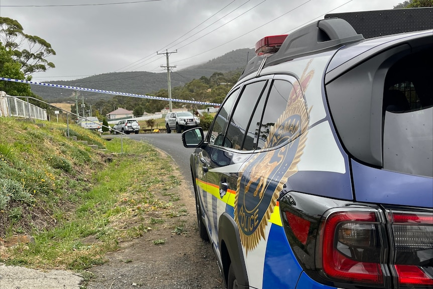 Tasmania Police car at scene of shooting.