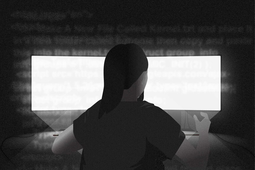 Black and white illustration of woman sitting in front of two bright computer screens with green and red text blurred over top.