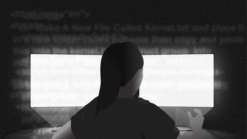 Black and white illustration of woman sitting in front of two bright computer screens with green and red text blurred over top.