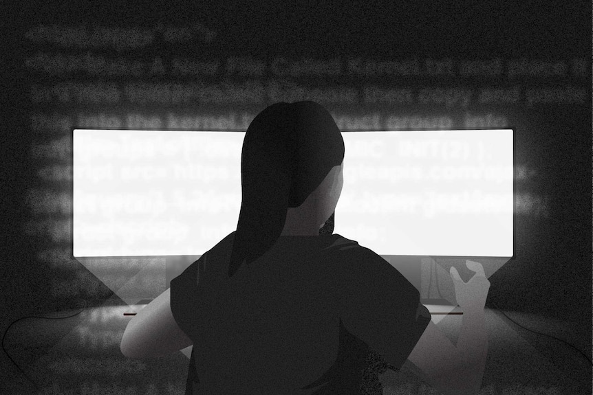 Black and white illustration of woman sitting in front of two bright computer screens with green and red text blurred over top.