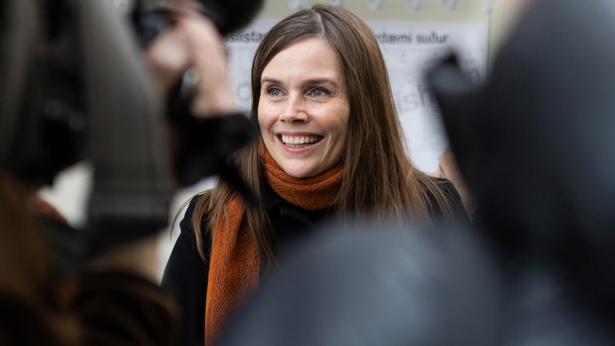 Iceland's Prime Minister Katrin Jakobsdottir speaks to the media